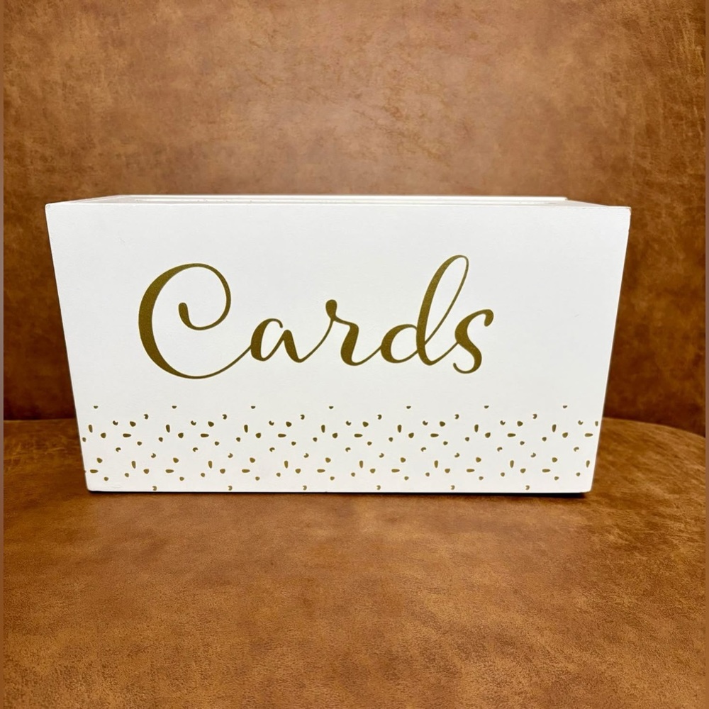 Card Box For Wedding Reception Or Shower.  Slide Open Top-white W/Gold Letters.